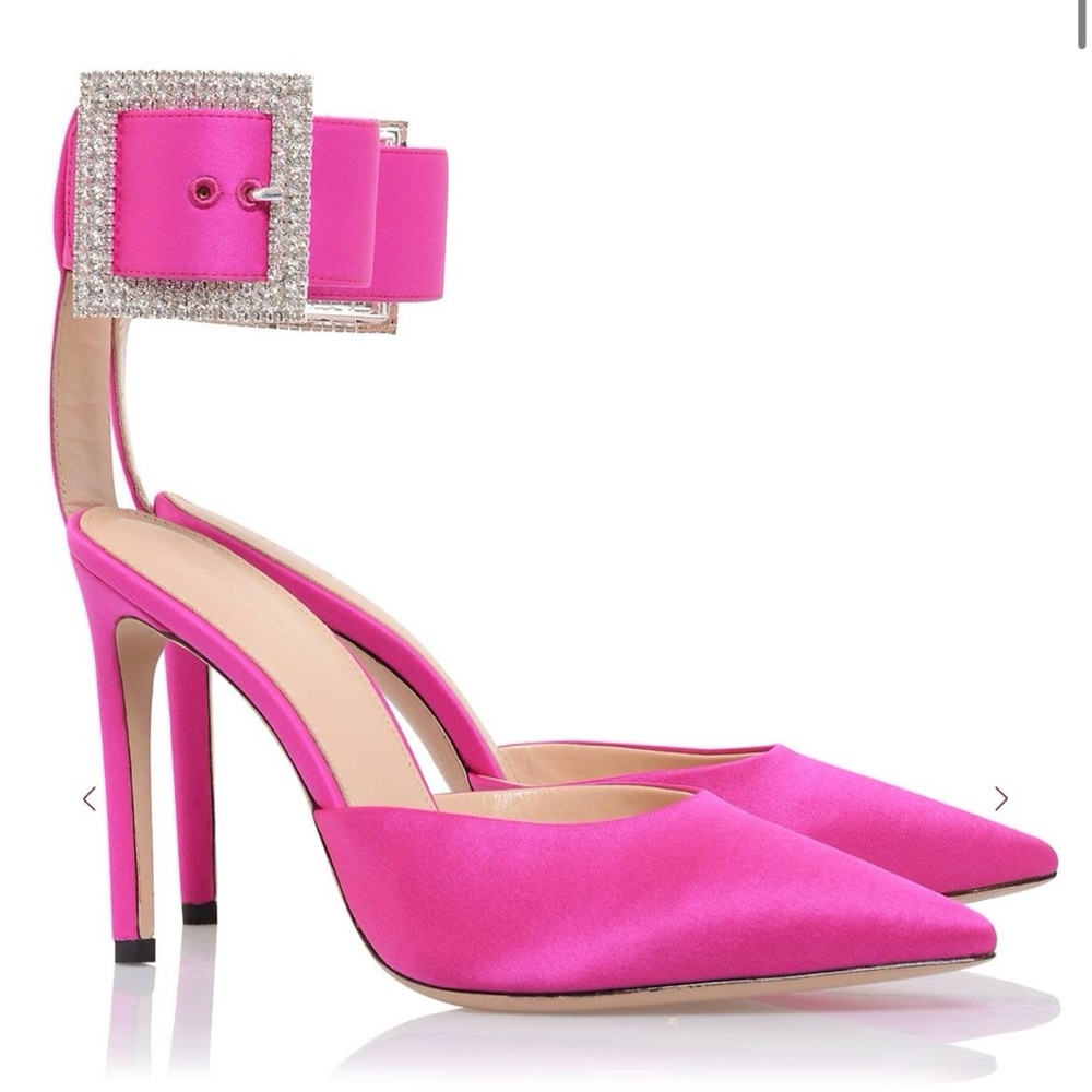 House of CB Fuchsia Satin Heels with Rhinestone Buckle